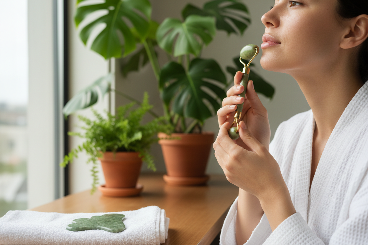 Kit Gua Sha et Rouleau de Jade - En utilisation